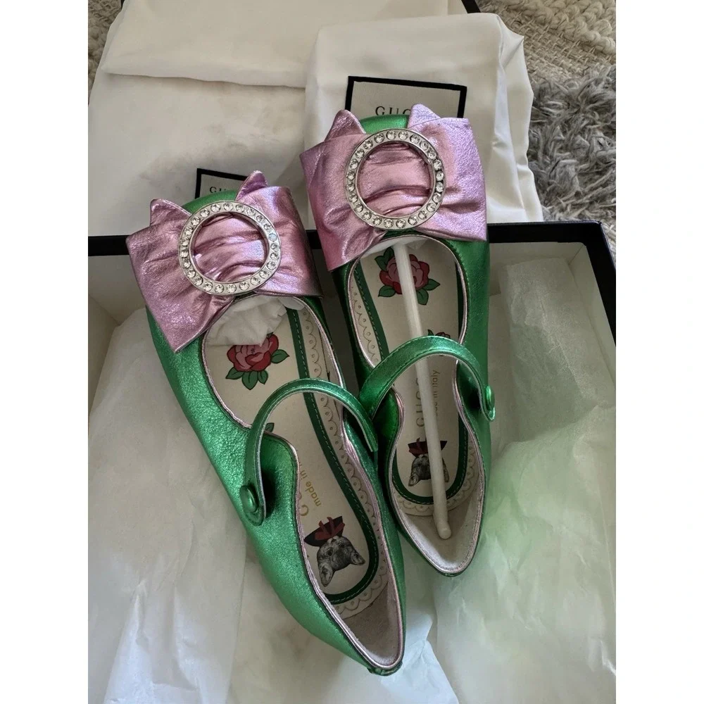 Gucci Kids Metallic Green Pink Crystal Bow Mary Jane Shoes EU 26 US 9.5 Box